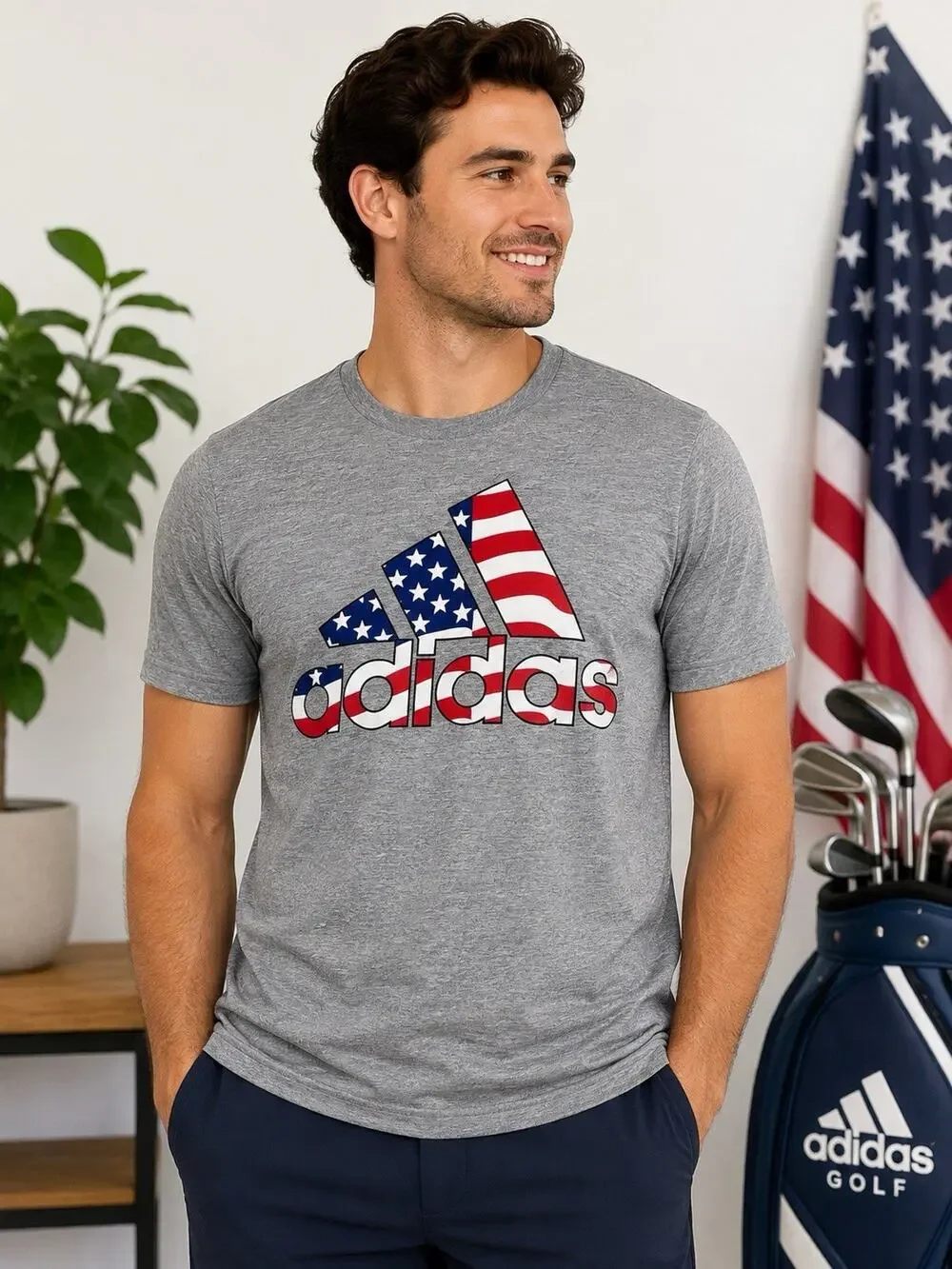Adidas Golf Men’s Large Gray T Shirt American Flag Logo USA Patriotic Tee